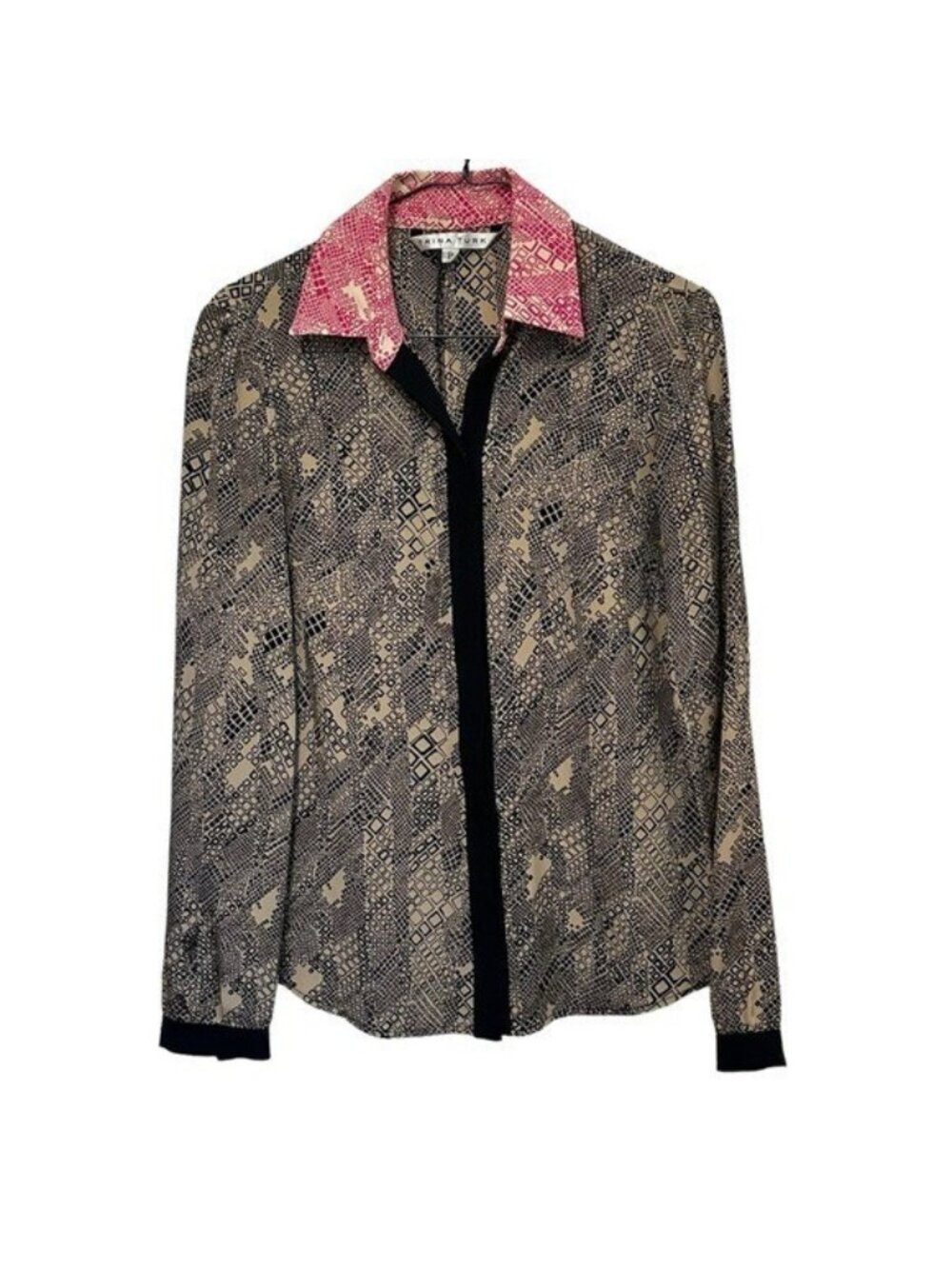 Trina Turk P / XS Silk Blouse Long Sleeve Hidden Button Geometric Print Pink